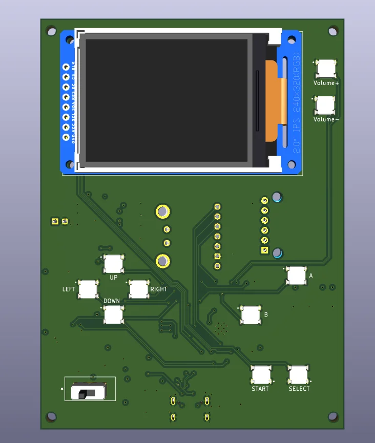 3D render — top side with display module fitted